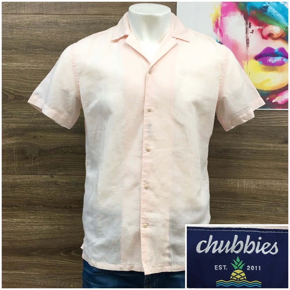 Chubbies Mens Dad Fit Linen Blend Short Sleeve Camp Shirt Peach Pink Medium‎